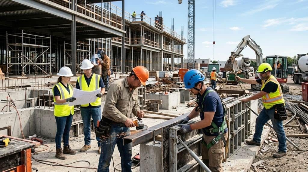Safety helmets for construction workers on active site.
