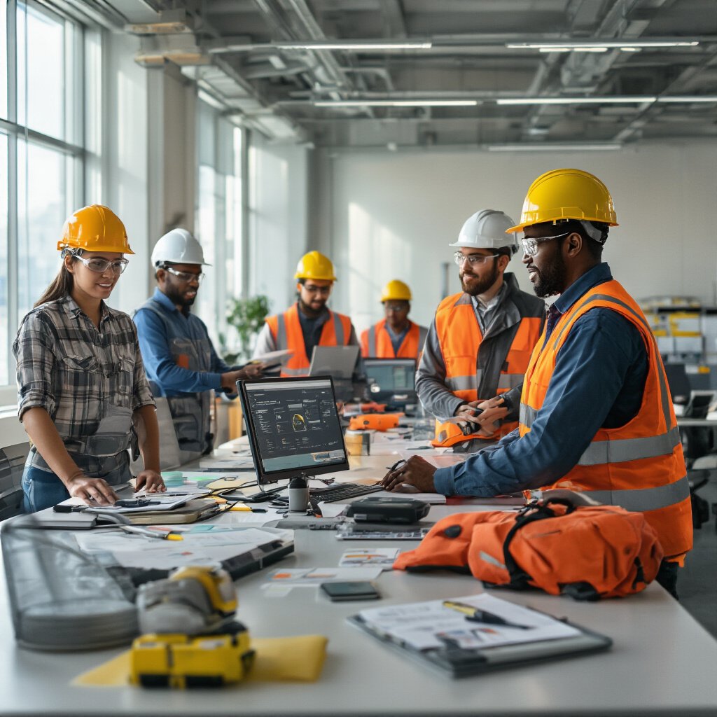 Create a realistic image of a diverse team of professionals (including Black, Asian, and White men and women) collaborating at a modern workplace, wearing appropriate safety gear while using productivity technology, with a balanced atmosphere showing both safety measures and efficiency tools, bright natural lighting highlighting a productive yet secure environment.
