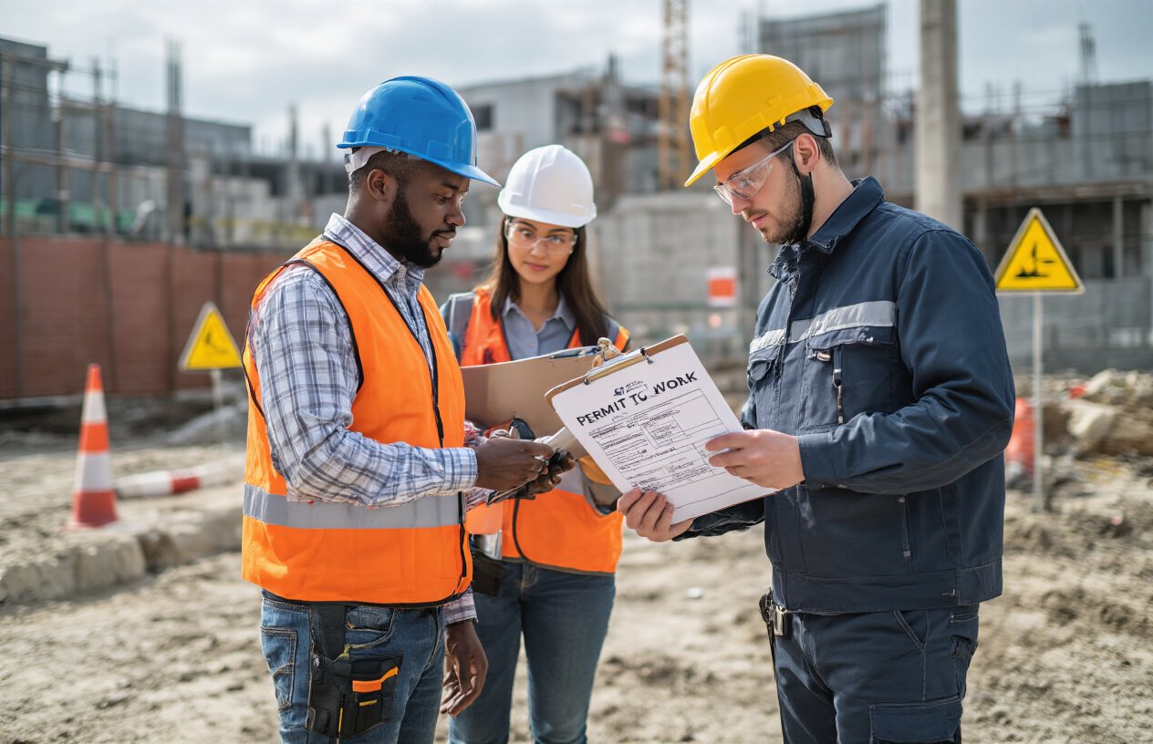 Create a realistic image of a construction site with both a permit to work document and JSA form visible on a clipboard, as a diverse team of safety professionals (including a Black male, Asian female, and White male) collaboratively reviews the documents, with safety equipment and warning signs visible in the background, conveying a professional atmosphere of comprehensive safety management.