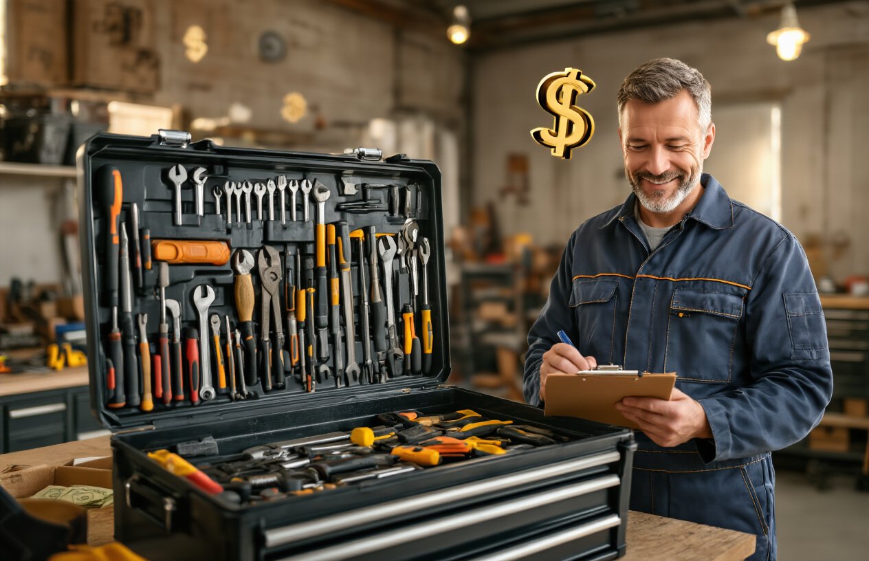 Create a realistic image of a professional-looking workshop with a perfectly organized toolbox in the foreground, showing neatly arranged tools with visible labels, a smiling middle-aged white male in work clothes looking satisfied while checking off items on a clipboard, with time and money symbols subtly visible in the background, illuminated by warm lighting creating a productive atmosphere.