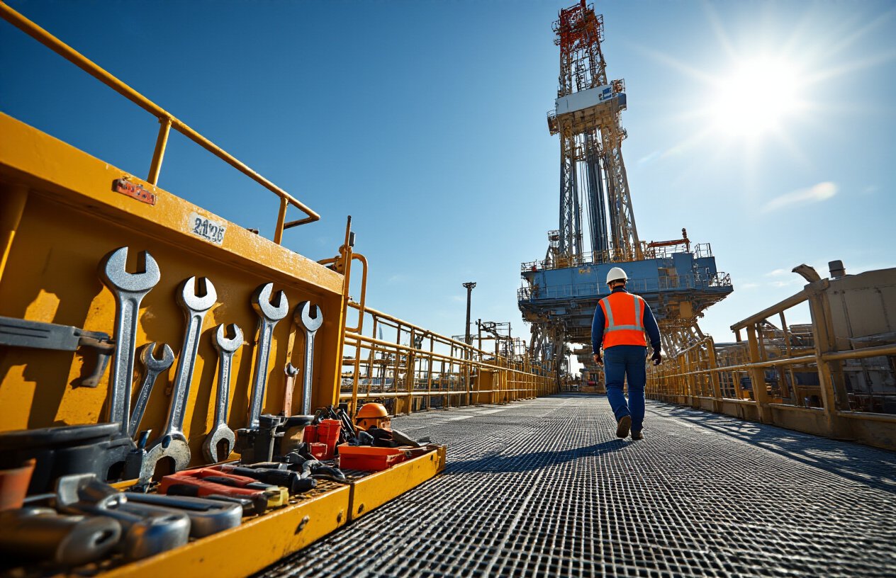 Create a realistic image of a towering drilling rig mast against a clear blue sky, with maintenance tools including wrenches, inspection equipment, and safety gear neatly organized in the foreground on metal grating, showing a white male technician in safety helmet and high-visibility vest walking away from completed maintenance work, with the rig appearing well-maintained and operational, natural daylight creating sharp shadows and highlighting the steel structure's robust construction, conveying a sense of accomplishment and professional reliability, absolutely NO text should be in the scene.