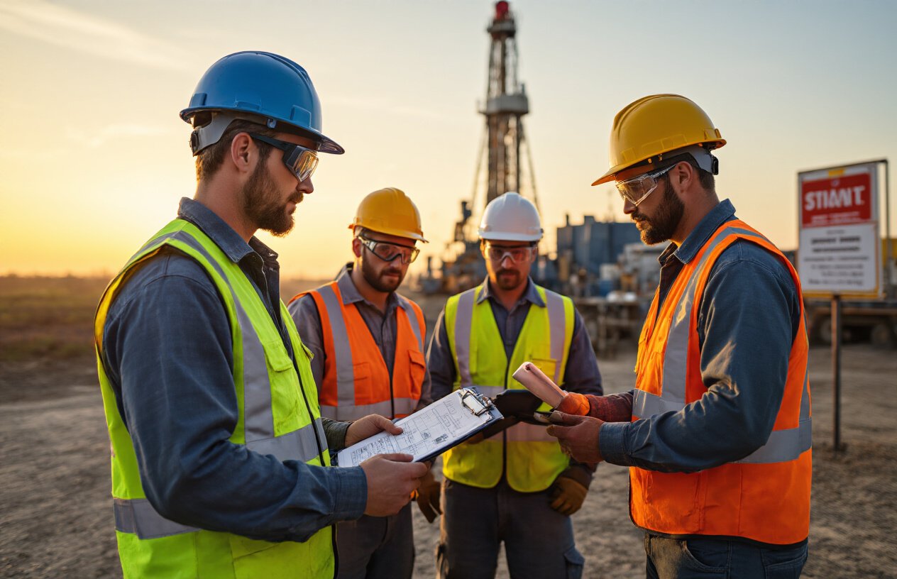Create a realistic image of a diverse group of drilling rig workers gathered at sunset, wearing proper safety gear including helmets, goggles, and high-visibility vests, looking confident and vigilant while reviewing a safety checklist near a drilling rig, with safety signage visible in the background, symbolizing teamwork and commitment to workplace safety.