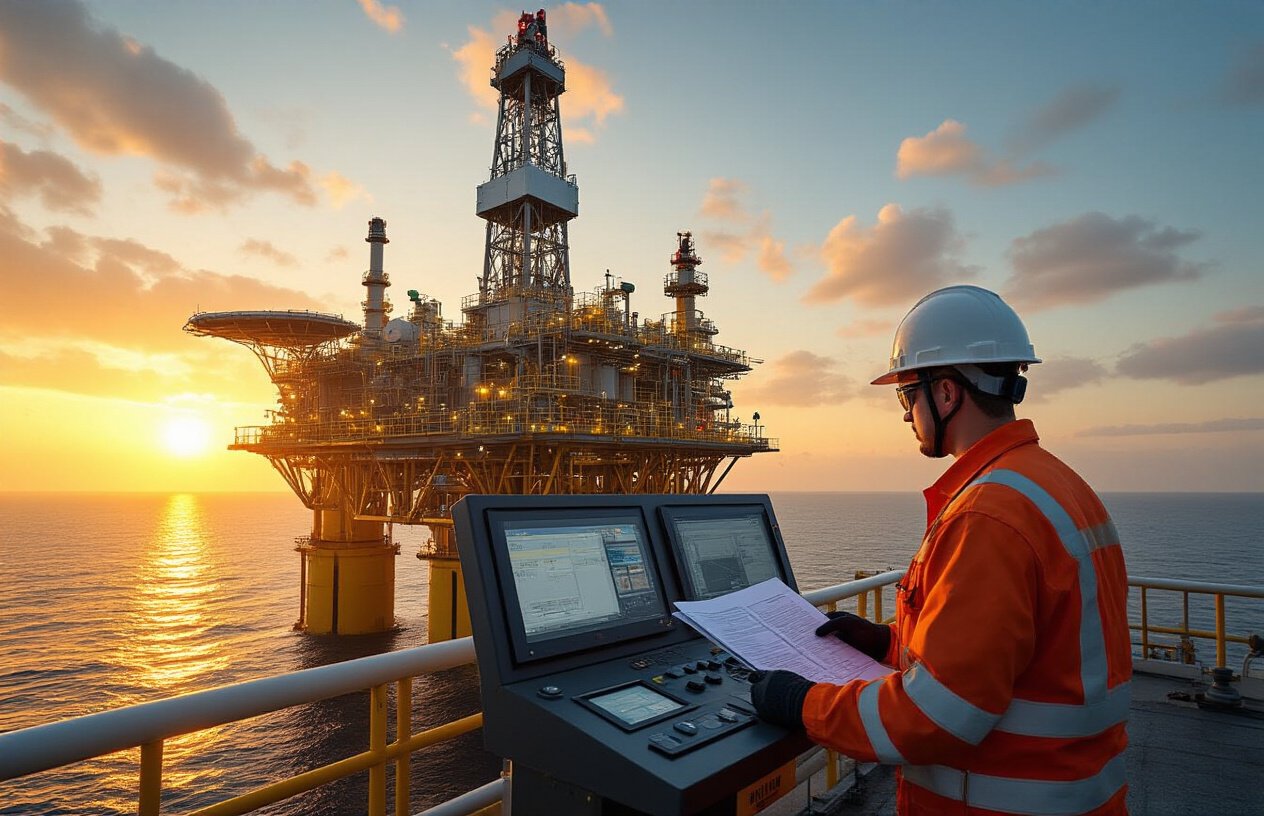 Create a realistic image of a modern offshore oil drilling platform at sunset with a prominent blowout preventer system visible on the deck, featuring advanced safety equipment including control panels with digital displays and monitoring systems, steel pipelines and valves, safety barriers and warning signs, with a white male engineer in safety gear and hard hat reviewing technical documents while a black female technician operates monitoring equipment, set against a calm ocean background with warm golden lighting from the setting sun creating a professional and secure industrial atmosphere, emphasizing cutting-edge technology and safety protocols, absolutely NO text should be in the scene.