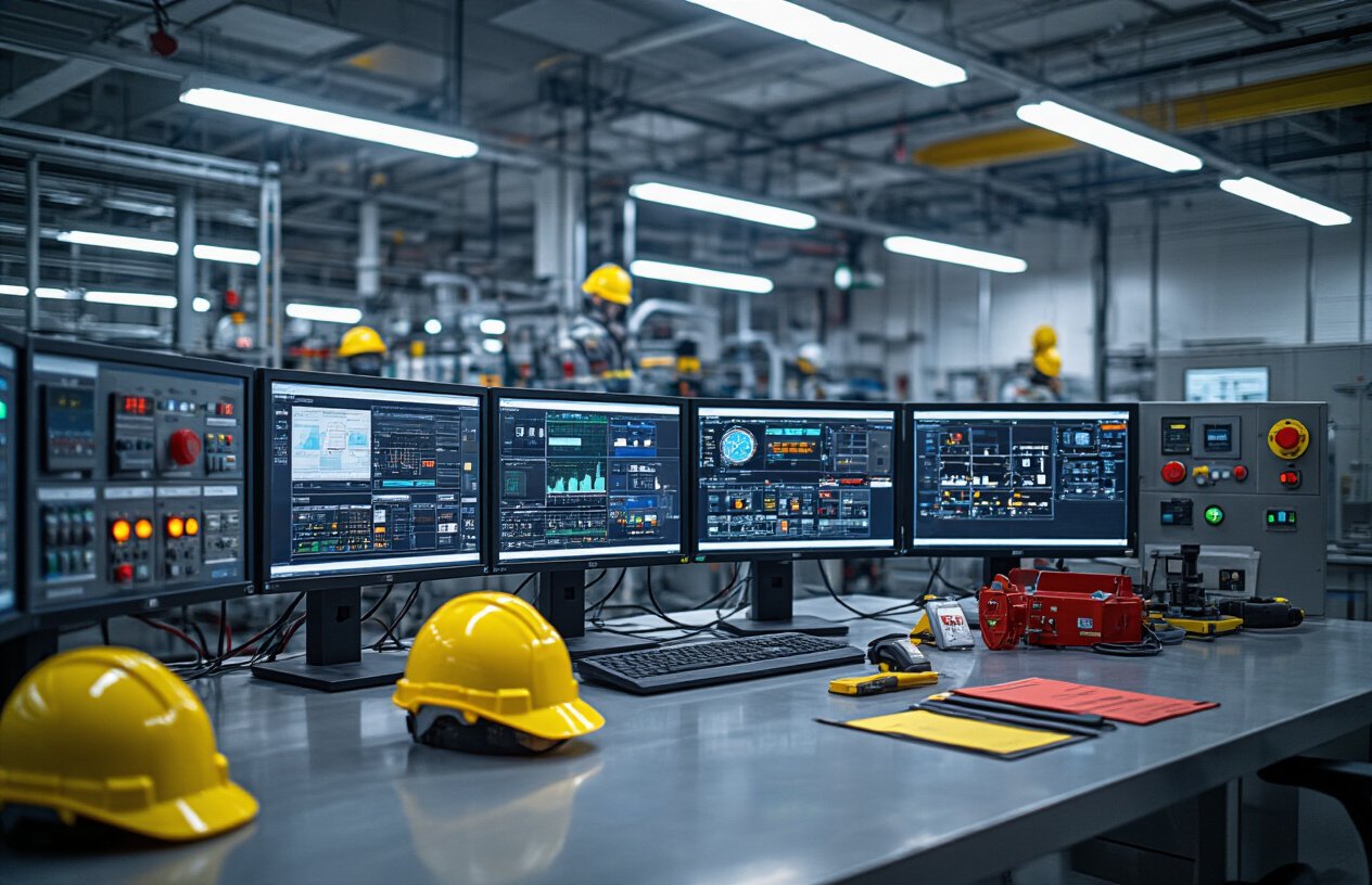 Create a realistic image of an industrial control room with multiple monitoring screens displaying system status dashboards, emergency shut-off valve controls prominently featured in the foreground, safety equipment including hard hats and emergency manuals organized on a clean metal desk, bright fluorescent lighting creating a professional atmosphere, red emergency stop buttons and warning indicators visible on control panels, the scene conveying readiness and preparedness with everything in proper working order, absolutely NO text should be in the scene.