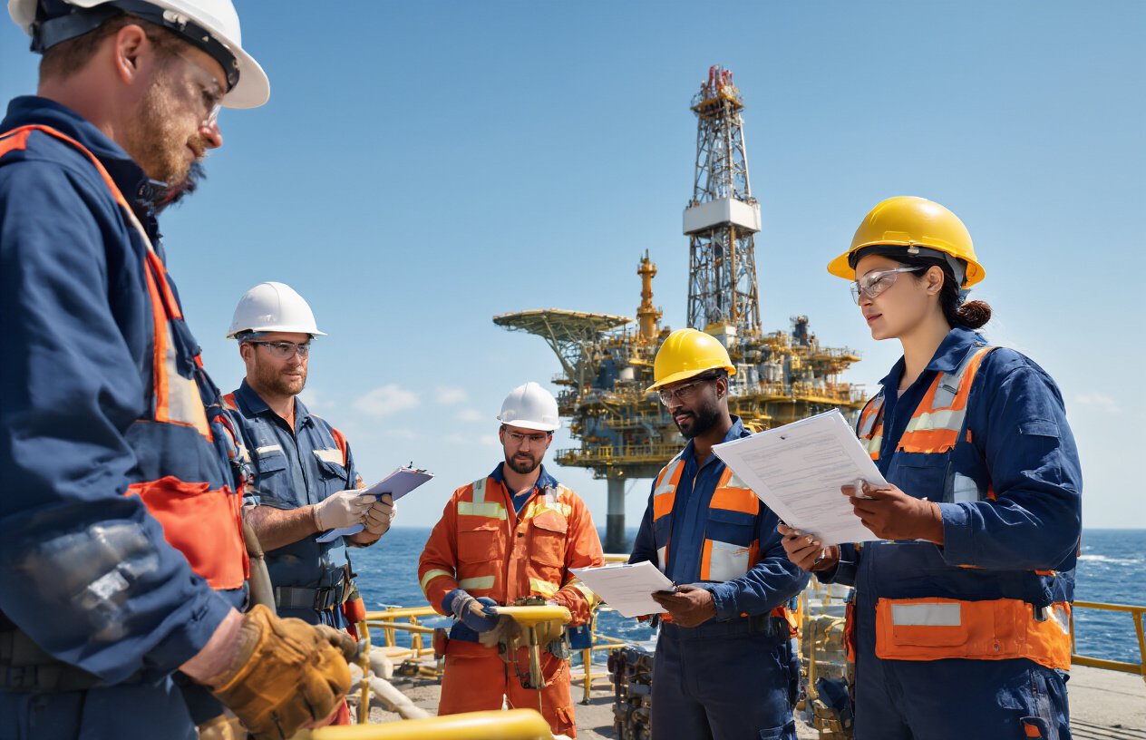 Create a realistic image of a diverse group of oil rig workers (including white male, black male, and Asian female workers) in full safety gear reviewing safety checklists and protocols at the conclusion of a training session, with an offshore drilling rig visible in the background under clear blue skies, conveying a sense of preparedness and commitment to safety standards.