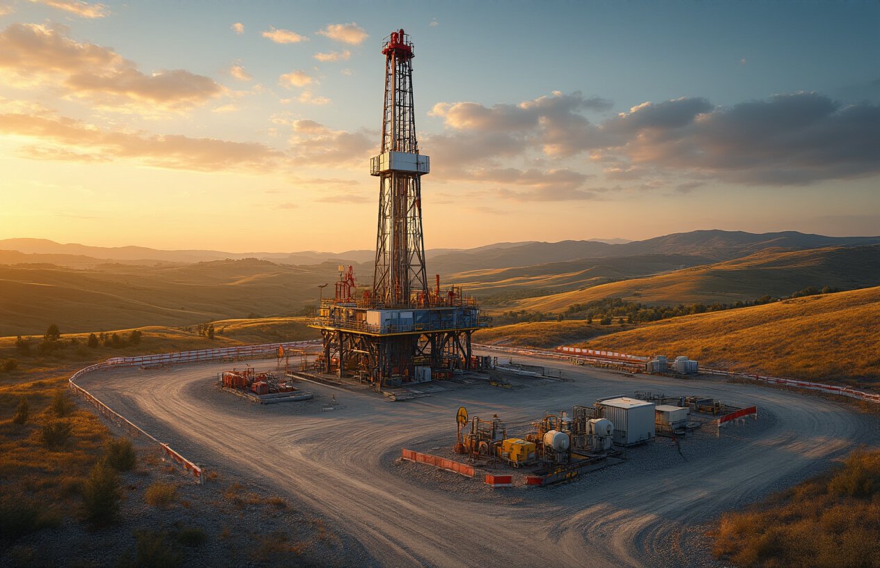 Create a realistic image of a completed onshore oil drilling site at golden hour showing a tall drilling rig towering over the landscape with various industrial equipment, pumps, and control systems at the base, surrounded by well-maintained gravel access roads and safety barriers, set against a backdrop of rolling hills and open countryside under a warm orange-tinted sky, with the scene conveying a sense of successful completion and operational readiness, absolutely NO text should be in the scene.