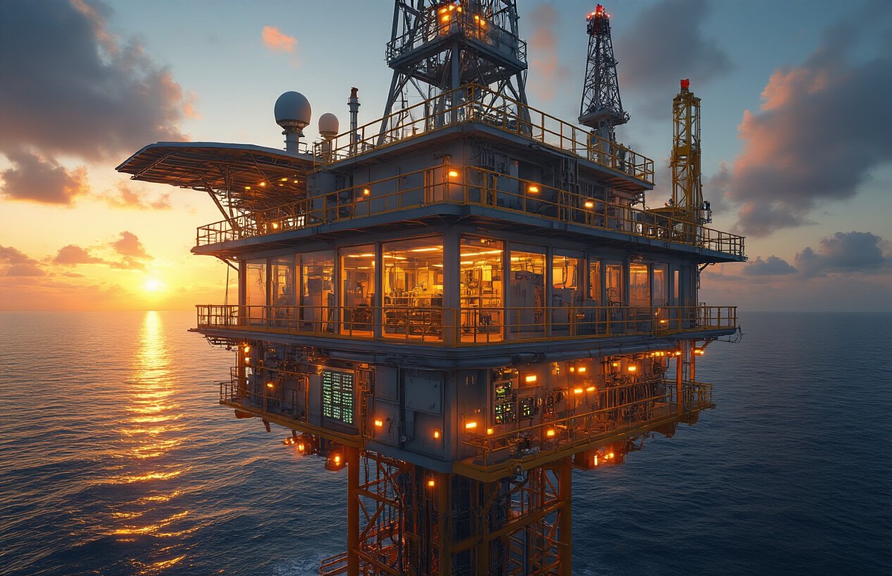 Create a realistic image of a modern offshore drilling rig at golden hour with its illuminated control room and power management systems visible through large windows, featuring glowing LED indicator lights on electrical panels, efficient cable management systems, and solar panels integrated into the rig structure, with a calm ocean background and warm sunset lighting creating a professional and optimized industrial atmosphere, absolutely NO text should be in the scene.
