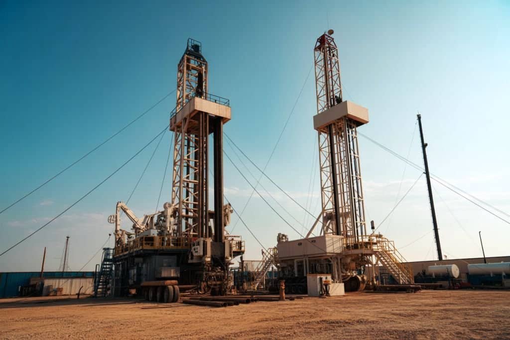 Drilling rig with rotary table and top drive systems at an oilfield site.
