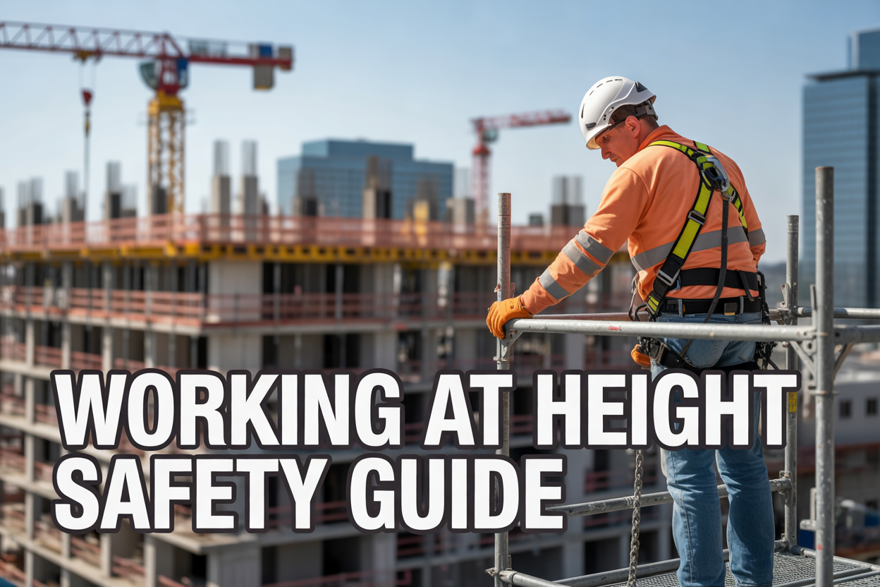 Create a realistic image of a construction site scene where a white male worker in a bright orange safety vest, hard hat, and harness stands on a metal scaffold several meters above the ground, carefully inspecting the structure while gripping a safety railing, with a blurred urban construction background featuring cranes and unfinished buildings, bathed in clear natural daylight that highlights the professional and safety-conscious atmosphere, with bold white text overlay reading "Working at Height Safety Guide" positioned in the lower portion of the image.