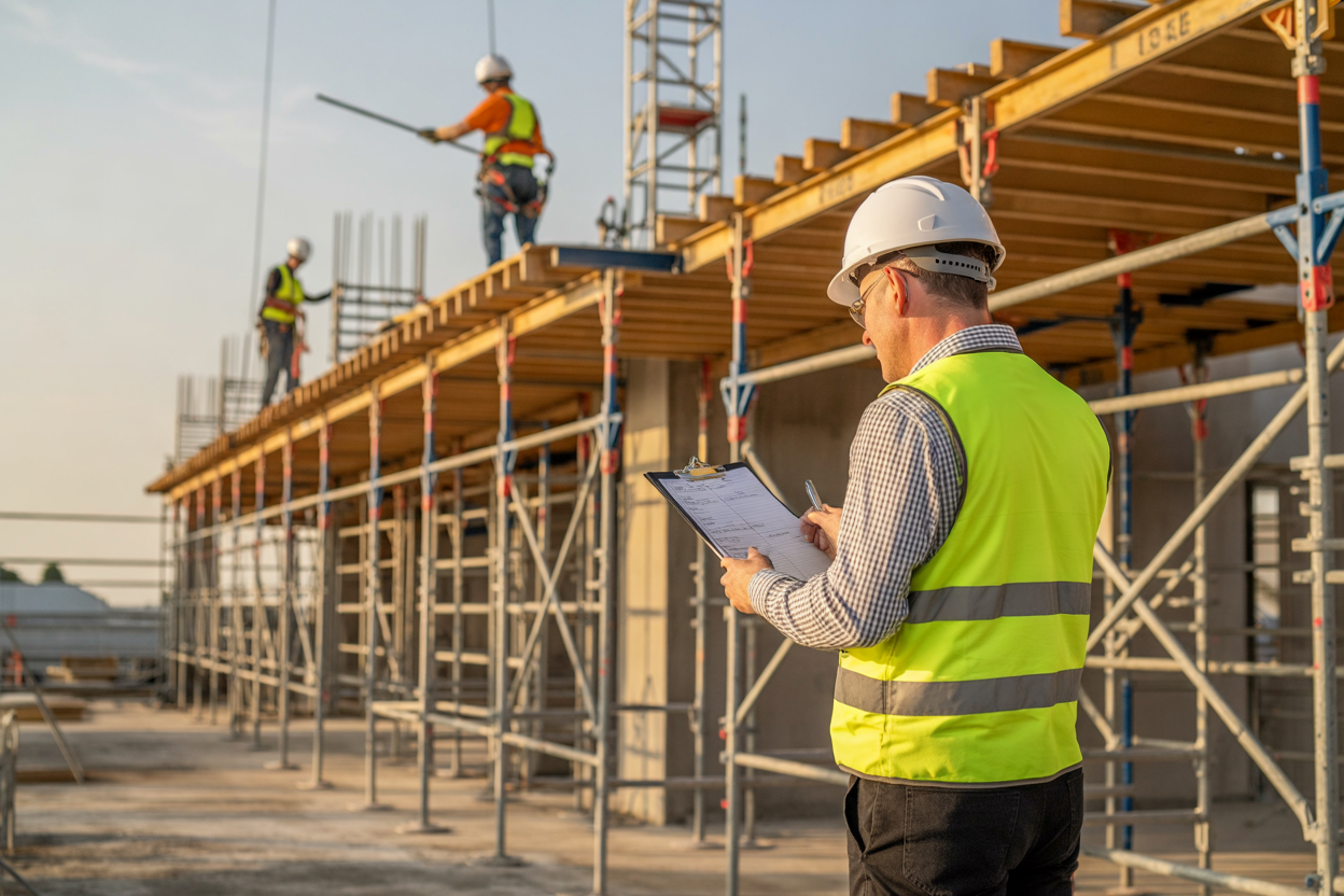Create a realistic image of a well-organized construction site at golden hour, featuring a white male site manager in a high-visibility vest and hard hat standing confidently alongside a properly erected scaffold structure, reviewing a safety checklist on a clipboard, with workers safely equipped with harnesses and helmets visible in the background working at height, the scene conveying professionalism, safety compliance, and a sense of successful project completion, with warm natural lighting casting a positive and accomplished mood over the site. Absolutely NO text should be in the scene.
