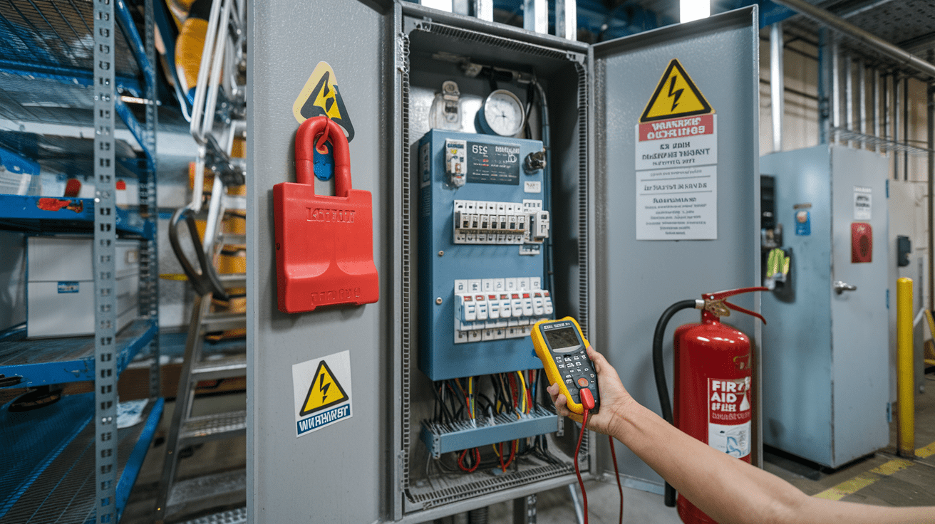 Create a realistic image of an electrical panel with a red lock-out tag-out device attached, prominently displayed against an industrial background. Include a hand holding an electrical multimeter, testing for the absence of voltage. Show warning signs and safety equipment nearby to emphasize the importance of electrical isolation procedures.
