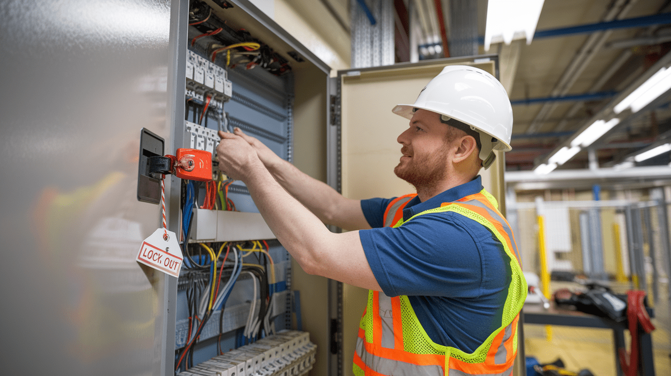 Create a realistic image of a white male electrician wearing a safety vest and hard hat, attaching a red padlock to an electrical panel in an industrial setting. The panel is open, revealing wires and switches. A "Lock-Out" tag hangs from the padlock. Tools and safety equipment are visible nearby. The lighting is bright and fluorescent, typical of an industrial environment.