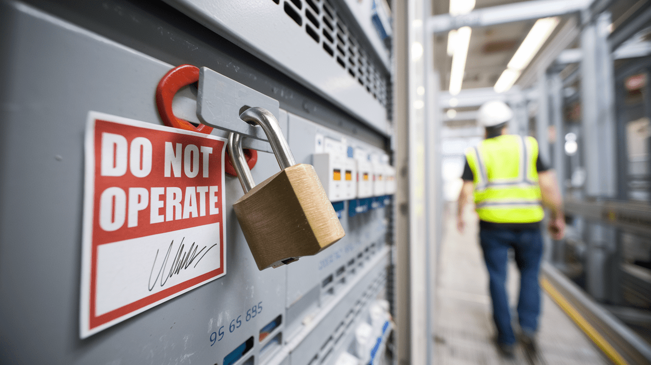 Create a realistic image of a close-up view of a red "Do Not Operate" tag attached to an industrial electrical panel, with a padlock securing the panel shut. The tag should have clear, bold text and a worker's signature visible. In the background, blurred but recognizable, a white male electrician can be seen walking away from the panel, wearing a hard hat and high-visibility vest.