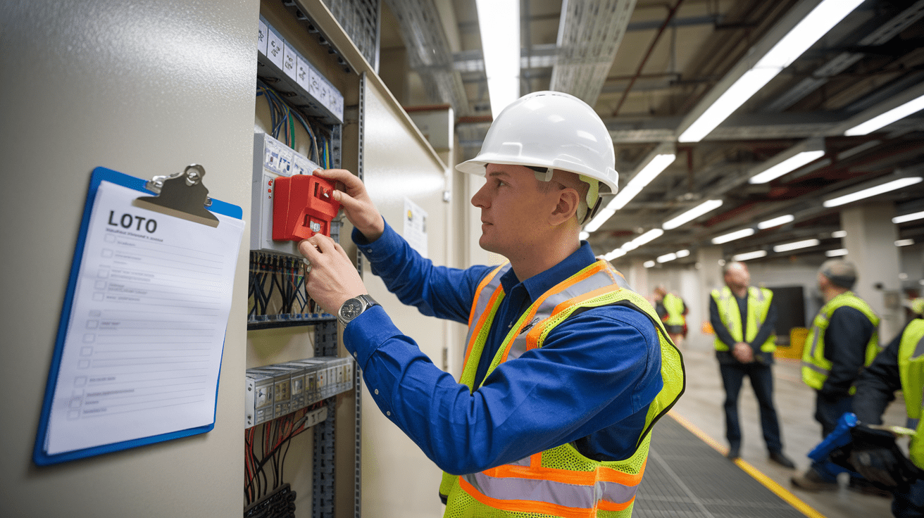 Create a realistic image of a white male electrician wearing a hard hat and safety vest, attaching a red lockout device to an electrical panel in an industrial setting. A clipboard with a LOTO checklist is visible nearby. The background shows other workers at a distance, emphasizing safety protocols. Bright, fluorescent lighting illuminates the scene.