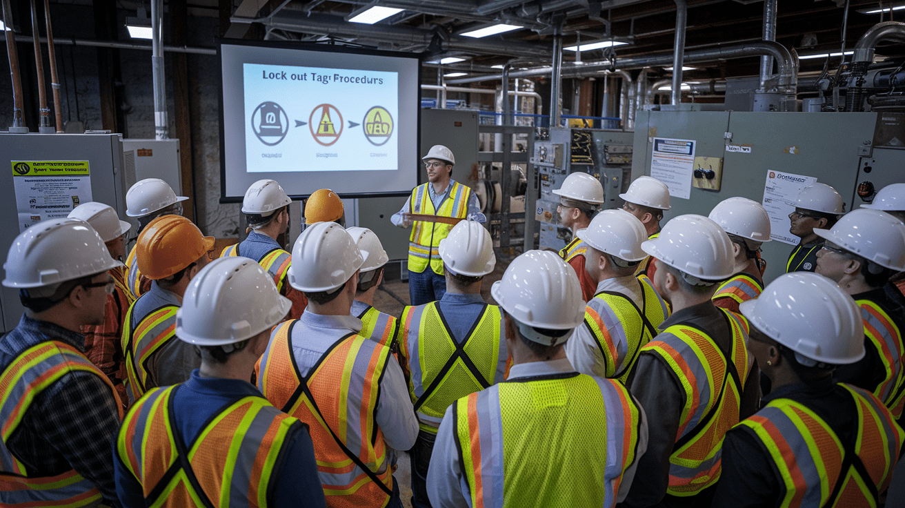 Create a realistic image of a diverse group of workers in hard hats and safety vests gathered around a white male instructor in an industrial setting, paying attention to a presentation about lock-out tag-out procedures displayed on a projector screen, with visible safety posters and electrical equipment in the background, emphasizing a serious and focused atmosphere.