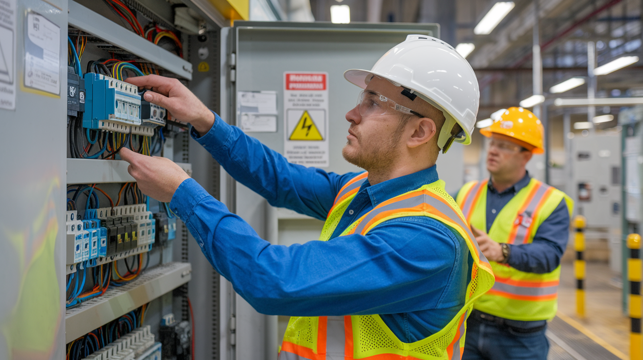 Create a realistic image of a white male worker in safety gear incorrectly removing a LOTO device from an electrical panel, with a concerned supervisor pointing out the mistake in the background, set in a brightly lit industrial environment with warning signs visible.