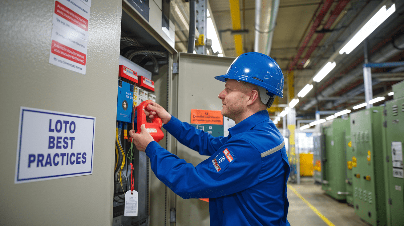 Create a realistic image of a white male electrician in a blue uniform and hard hat attaching a red lock-out device to an electrical panel, with safety tags visible nearby, in an industrial setting with other machinery in the background, bright overhead lighting illuminating the scene, and a "LOTO Best Practices" sign prominently displayed on the wall.