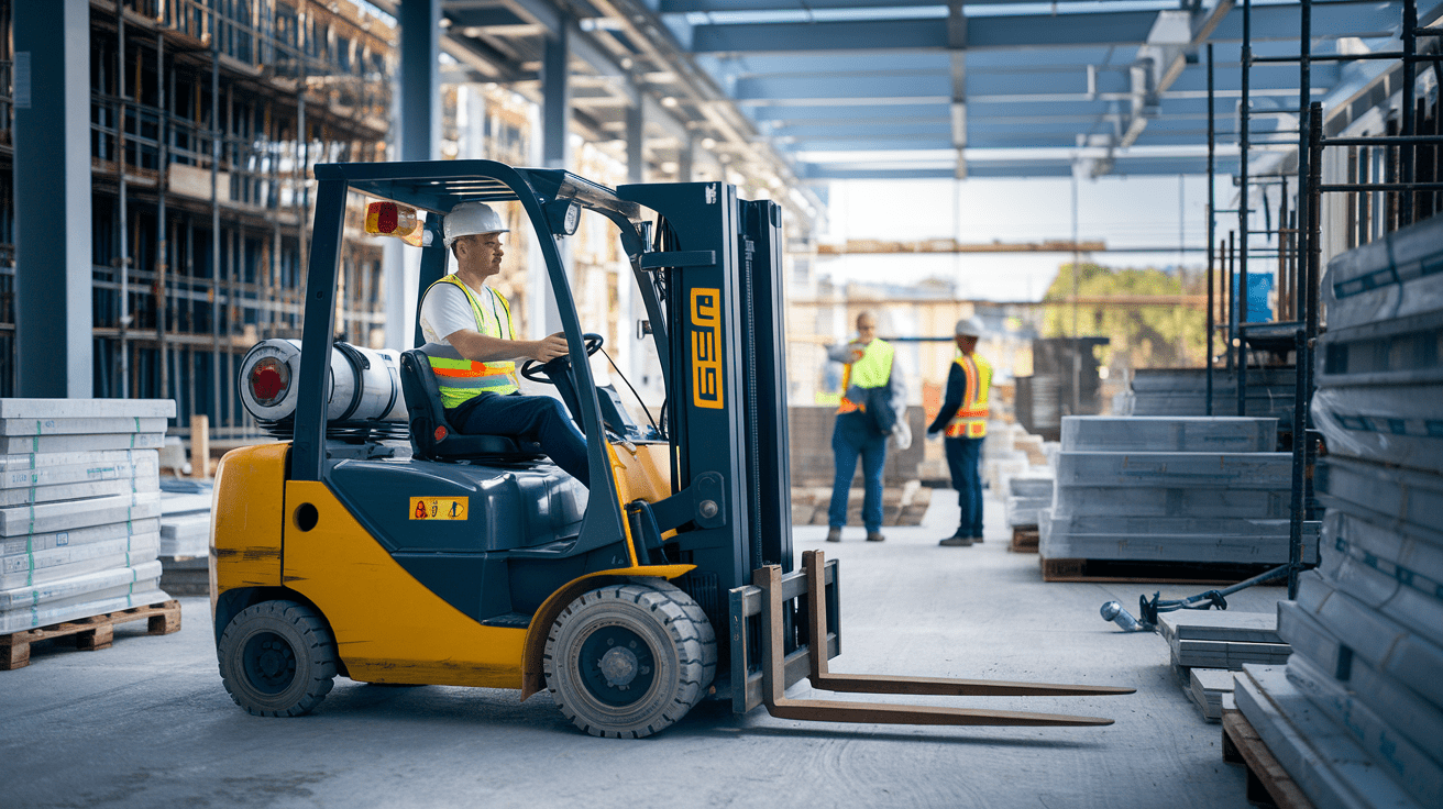 Create a realistic image of a construction site with a yellow forklift in the foreground, operated by a white male worker wearing a hard hat and safety vest. The background shows scaffolding, stacks of building materials, and other construction equipment. Workers in the distance are engaged in various tasks. The scene is well-lit with natural daylight, emphasizing the industrial atmosphere and the importance of the forklift in construction operations.