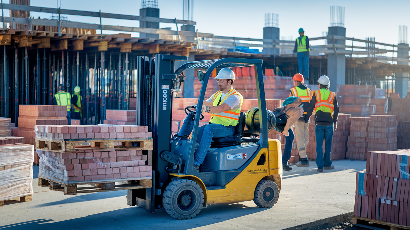 Create a realistic image of a construction site with a yellow forklift in the foreground operated by a white male worker wearing a hard hat and high-visibility vest, lifting a pallet of construction materials, surrounded by stacks of bricks and lumber, with other workers in the background collaborating on various tasks, showcasing enhanced productivity and efficiency in a busy construction environment under bright daylight.