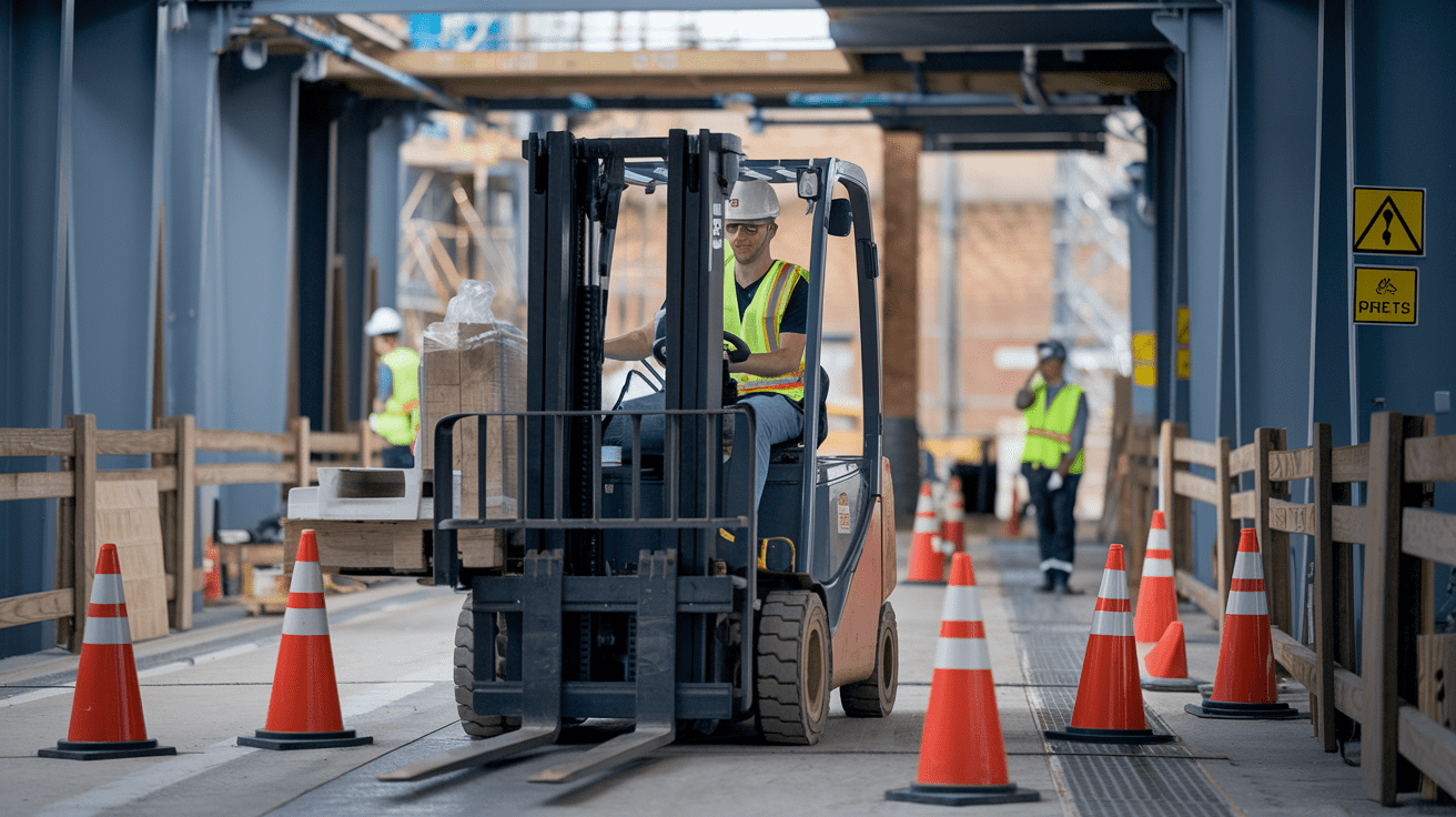 Create a realistic image of a construction site with a forklift in the foreground, operated by a white male worker wearing a hard hat, safety vest, and protective goggles. The worker is carefully maneuvering a load while surrounded by safety cones and warning signs. In the background, other workers are visible, maintaining a safe distance from the forklift. The scene is well-lit, showcasing various safety measures such as designated pathways, protective barriers, and clearly marked zones for forklift operation.