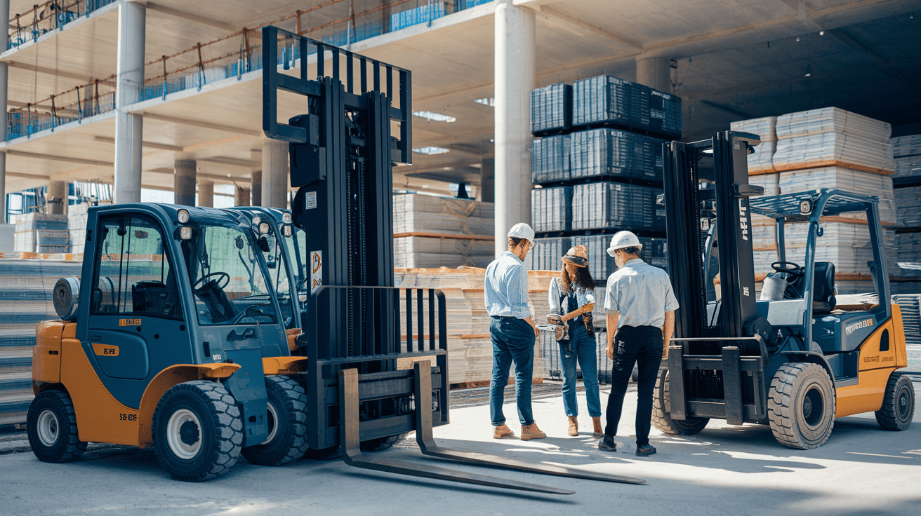 Create a realistic image of a construction site with various forklifts in the foreground, including a telehandler, counterbalance forklift, and rough terrain forklift. Show a diverse group of construction workers, including a white male, black female, and Asian male, examining the different forklifts. Include stacks of construction materials and partially completed structures in the background. The scene should be well-lit with natural daylight, showcasing the versatility and importance of forklift selection in construction projects.