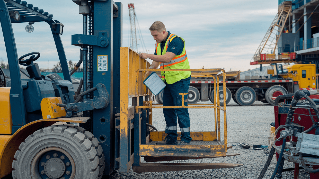 Create a realistic image of a white male mechanic in a high-visibility vest performing maintenance on a yellow forklift in a construction site, with tools and equipment scattered nearby, construction vehicles in the background, and a safety checklist visible on a clipboard.