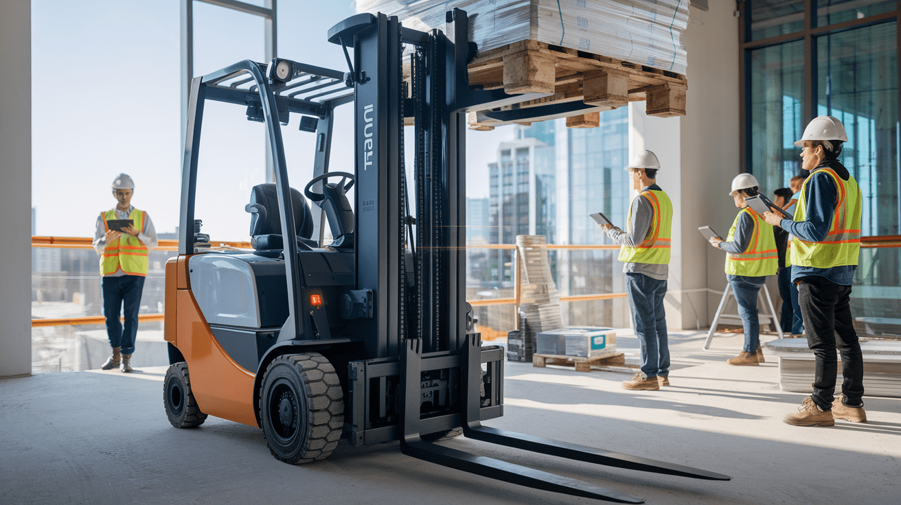 Create a realistic image of a modern construction site with a high-tech forklift in the foreground, featuring a touchscreen control panel and laser guidance system. The forklift is lifting a pallet of materials, while in the background, workers in hard hats and safety vests operate tablets to coordinate with the forklift's automated systems. The scene is well-lit with natural daylight, showcasing a blend of traditional construction elements and futuristic technology.