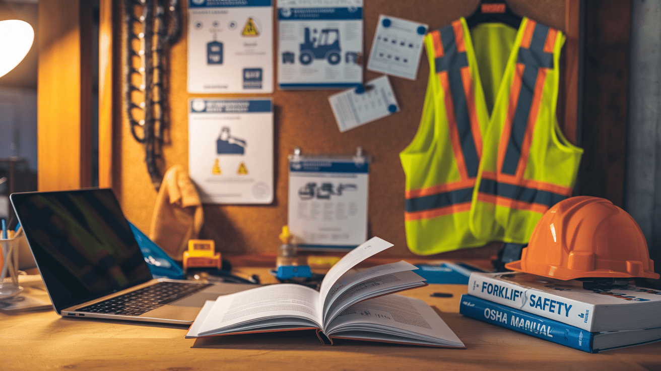 Create a realistic image of a construction worker's desk with a laptop, open books about forklift safety, and OSHA manuals scattered on the surface, a hardhat and safety vest hanging nearby, and a bulletin board in the background with pinned safety posters and forklift operation guidelines, all illuminated by warm office lighting.