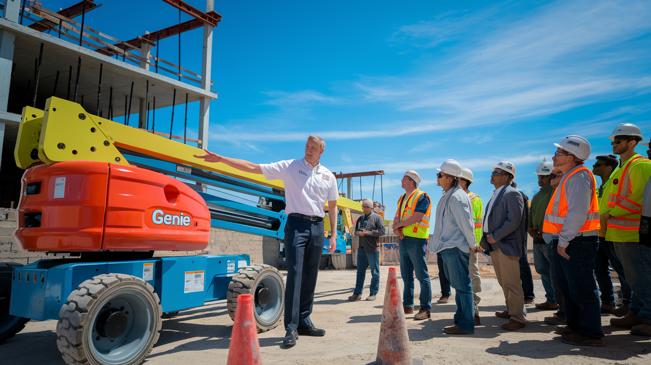 Create a realistic image of a white male operator standing next to a bright orange Genie lift on a construction site, pointing to various parts of the machine while explaining its features to a diverse group of attentive workers, with safety cones and hard hats visible in the foreground, and a partially constructed building in the background under a clear blue sky.