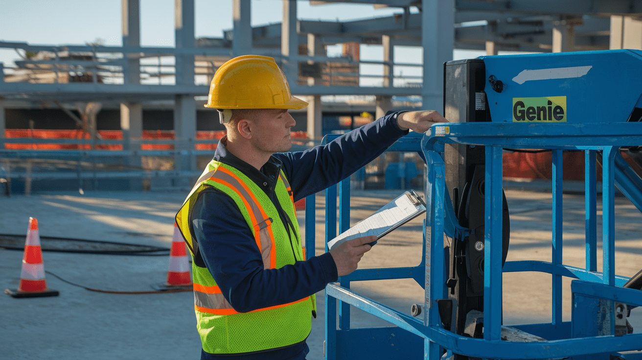 Create a realistic image of a white male construction worker in a yellow hard hat and high-visibility vest performing a pre-operation safety check on a blue Genie lift, clipboard in hand, with safety cones and equipment visible in the background of a construction site, morning sunlight casting shadows, emphasizing the importance of safety protocols.