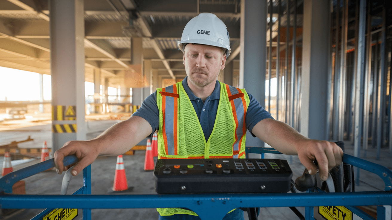 Create a realistic image of a white male operator wearing a hard hat and safety vest, carefully operating a Genie lift control panel with both hands, focused expression, surrounded by construction site background, warm daylight, safety cones and warning signs visible, demonstrating proper operating techniques for aerial work platforms.