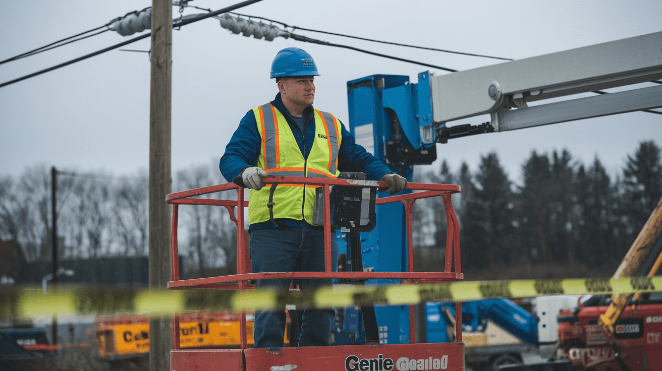 Create a realistic image of a white male operator in a blue hard hat and safety vest, operating a Genie lift near overhead power lines, with caution tape in the foreground, and construction equipment in the background, emphasizing electrical hazard awareness in an industrial setting with overcast lighting.