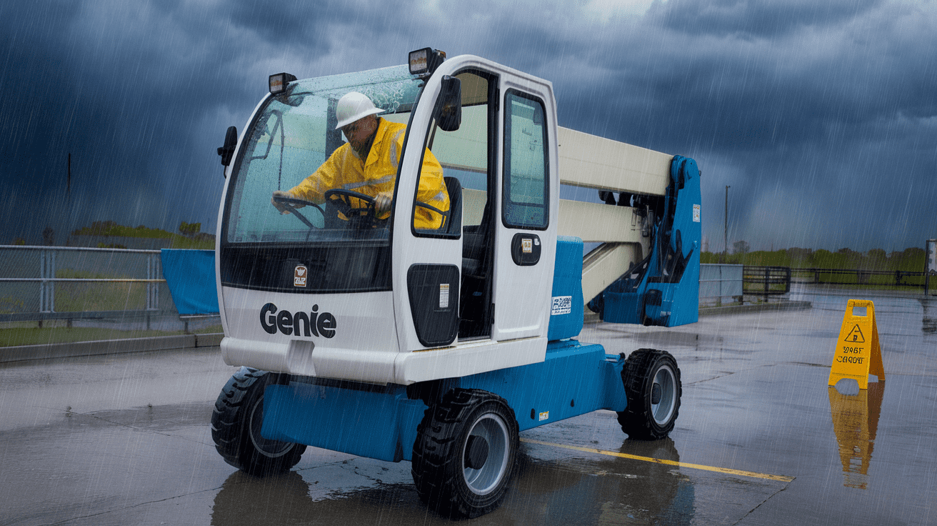 Create a realistic image of a Genie lift operating in heavy rain, with a white male operator wearing a yellow raincoat and hard hat, visibly struggling to maintain visibility through the rain-splattered windshield, dark storm clouds in the background, puddles forming on the ground, and a "Caution: Wet Surface" sign visible nearby.