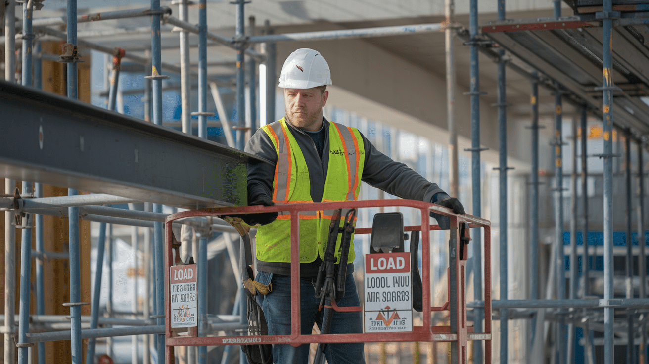 Create a realistic image of a white male construction worker operating a Genie lift, carefully handling a heavy metal beam with proper safety equipment, including a hard hat and high-visibility vest, surrounded by scaffolding and construction materials on a busy job site, with clear signage indicating load limits and safety procedures in the background.