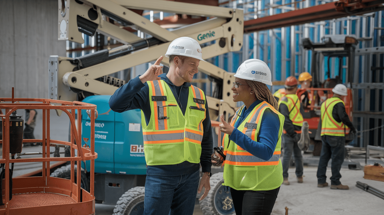 Create a realistic image of two construction workers, one white male and one black female, wearing hard hats and safety vests, standing next to a Genie lift on a construction site, using hand signals and walkie-talkies to communicate, with other workers visible in the background operating equipment, emphasizing safety and clear communication protocols in a busy work environment.