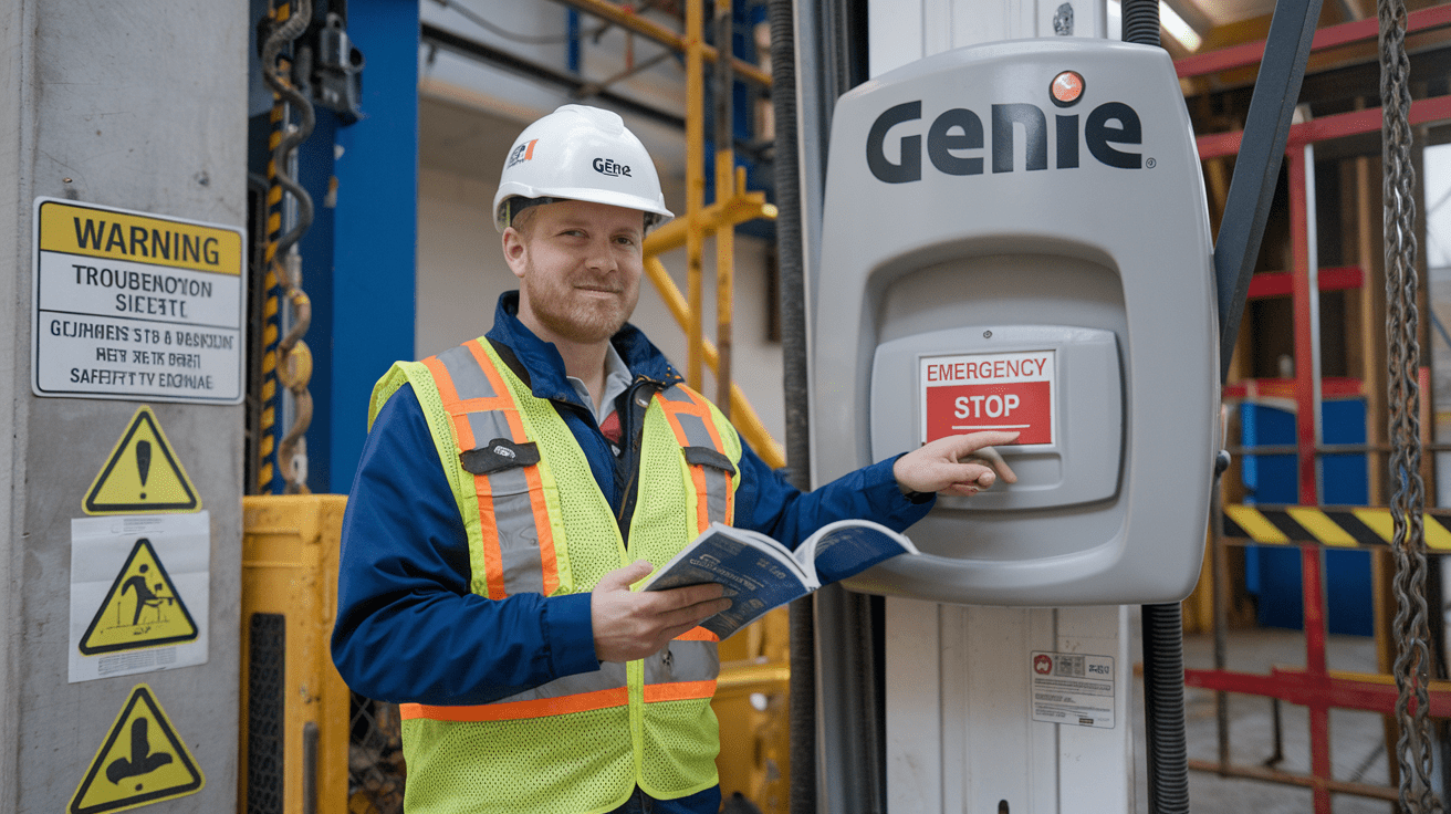 Create a realistic image of a white male operator in a hard hat and safety vest standing next to a Genie lift, pointing to an emergency stop button while holding a troubleshooting manual, with warning signs and safety equipment visible in the background of a construction site.