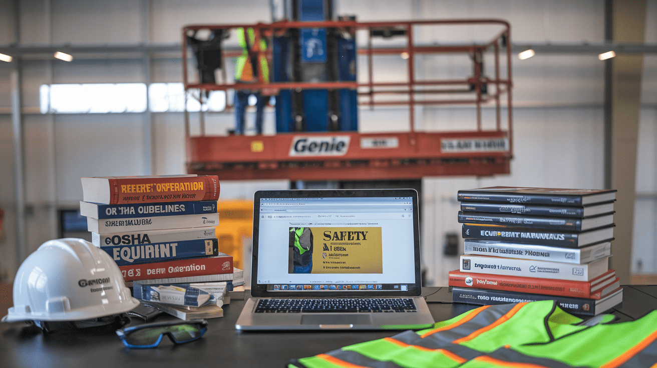 Create a realistic image of a desk with a laptop displaying a safety manual, surrounded by stacks of reference books on aerial lift operation, OSHA guidelines, and equipment manuals. A hard hat, safety glasses, and a high-visibility vest are placed nearby. The background shows a blurred image of a Genie lift in operation.