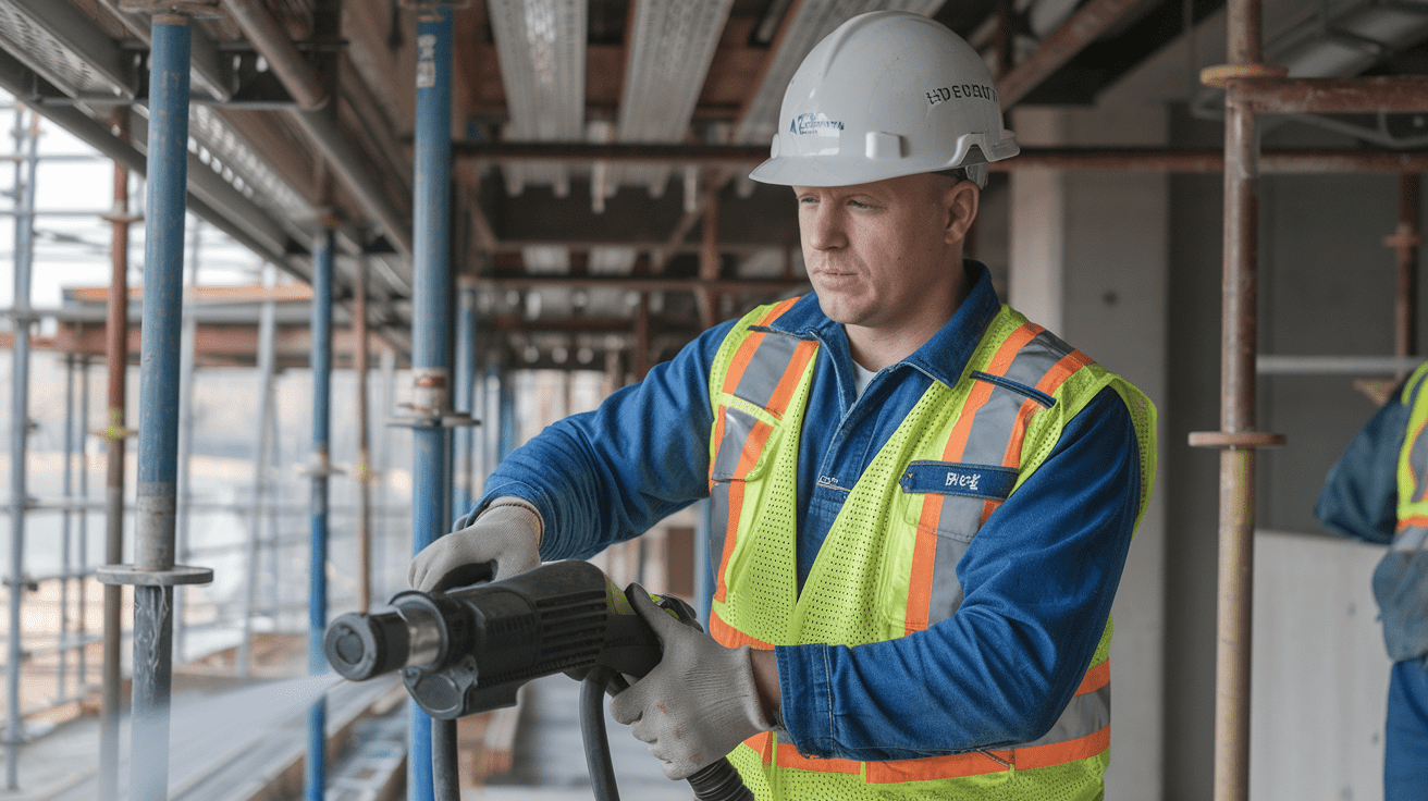 Create a realistic image of a white male construction worker in a hard hat and safety vest demonstrating proper handling of a wash gun on a construction site, with scaffolding and machinery in the background, emphasizing a focused and cautious posture while operating the equipment.