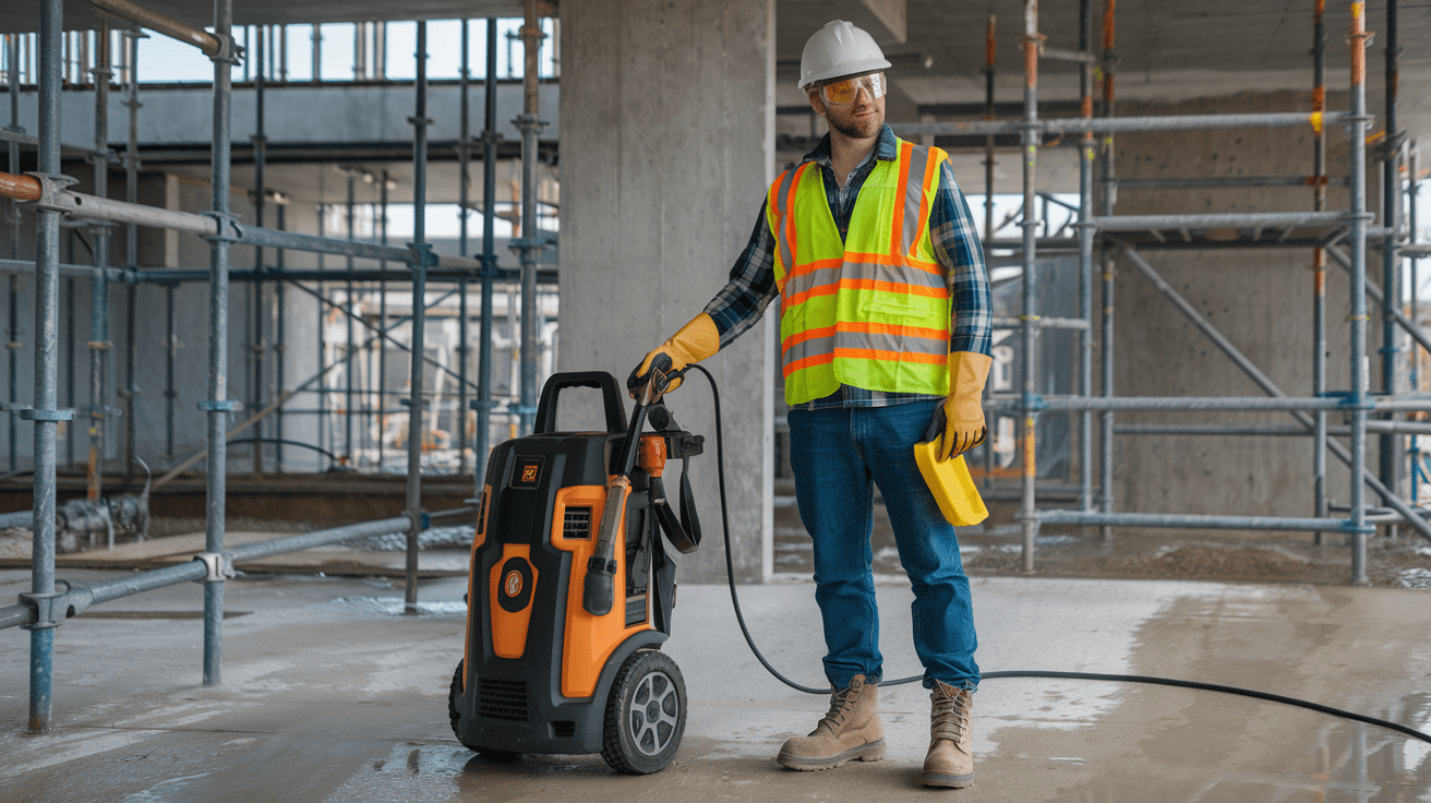 Create a realistic image of a construction worker wearing full PPE including a hard hat, safety goggles, high-visibility vest, gloves, and steel-toed boots, standing next to a pressure washer on a construction site with scaffolding and concrete structures in the background, emphasizing the importance of safety equipment when using wash guns.