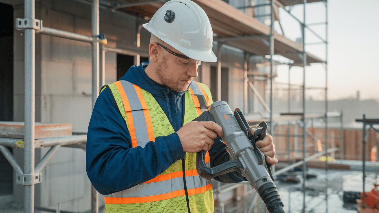 Create a realistic image of a construction worker wearing a hard hat and safety vest, inspecting a wash gun on a construction site. The worker is holding the wash gun, carefully examining its parts. In the background, there's scaffolding and construction equipment. The lighting suggests early morning, with a focus on safety procedures.