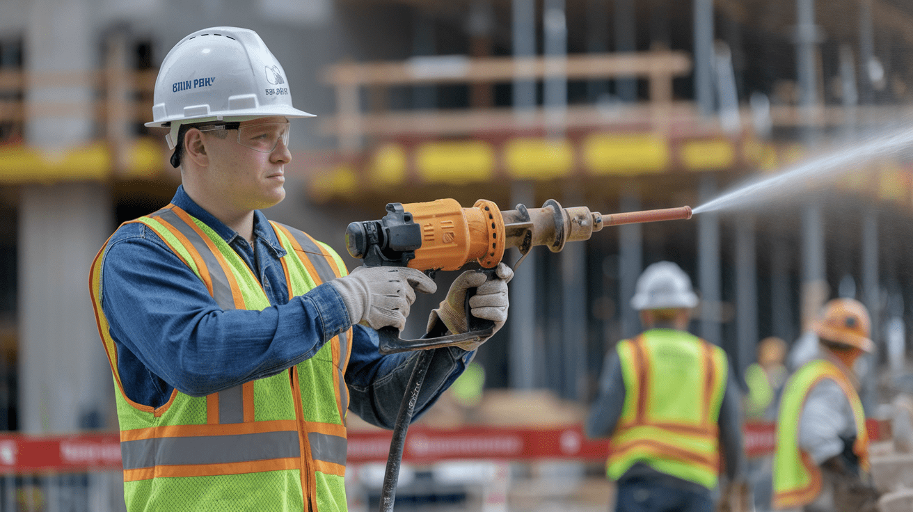 Create a realistic image of a construction worker wearing a hardhat and safety vest, demonstrating proper wash gun handling techniques on a construction site. The worker is shown holding the wash gun with both hands, finger off the trigger, and pointed in a safe direction. In the background, visible safety signage and other workers can be seen, emphasizing the importance of safe operating procedures.