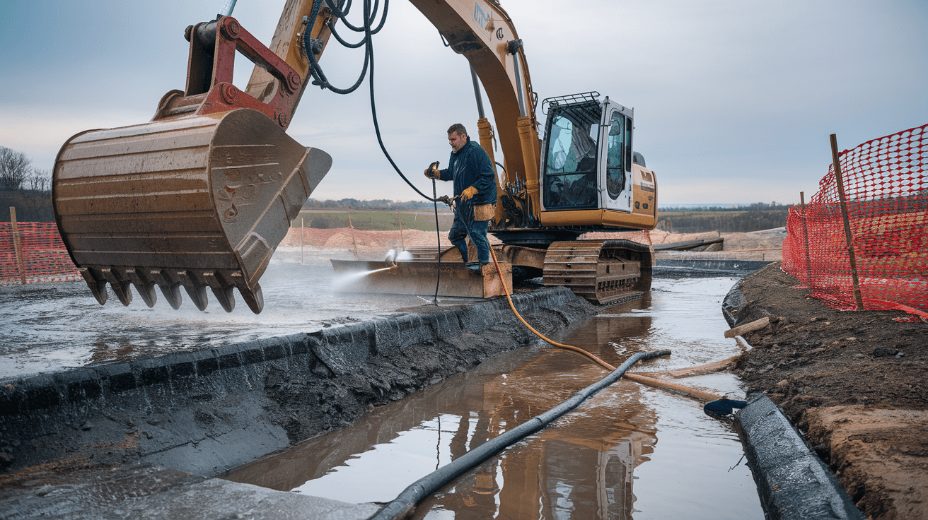 Create a realistic image of a construction worker using a wash gun to clean machinery, with visible water runoff flowing towards a nearby storm drain, surrounded by erosion control barriers and silt fencing, under an overcast sky, emphasizing responsible environmental practices on a construction site.