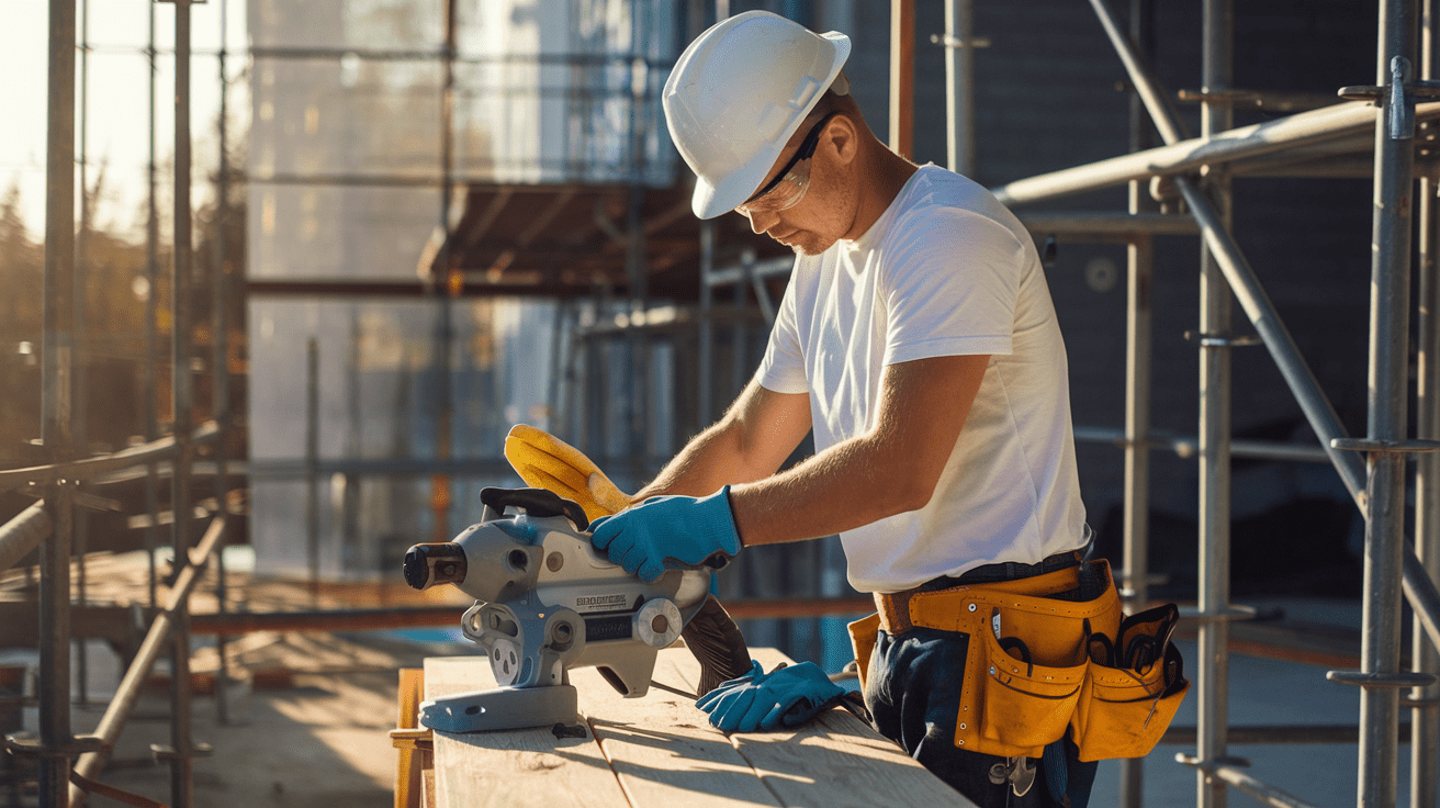 Create a realistic image of a construction worker, white male, carefully inspecting and cleaning a wash gun on a construction site, with safety gear nearby including gloves and goggles, surrounded by scaffolding and building materials, with warm sunlight casting shadows, emphasizing the importance of maintenance and safety in construction equipment use.