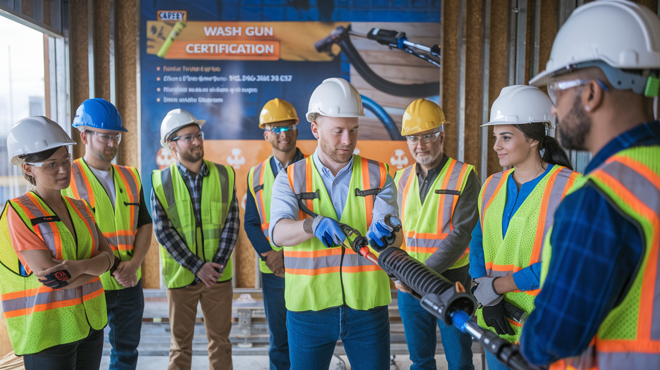 Create a realistic image of a construction site training room with a white male instructor demonstrating proper wash gun handling techniques to a diverse group of attentive workers, including both men and women of various ethnicities, all wearing safety gear such as hard hats and reflective vests, with a large safety poster about wash gun certification visible on the wall behind them.