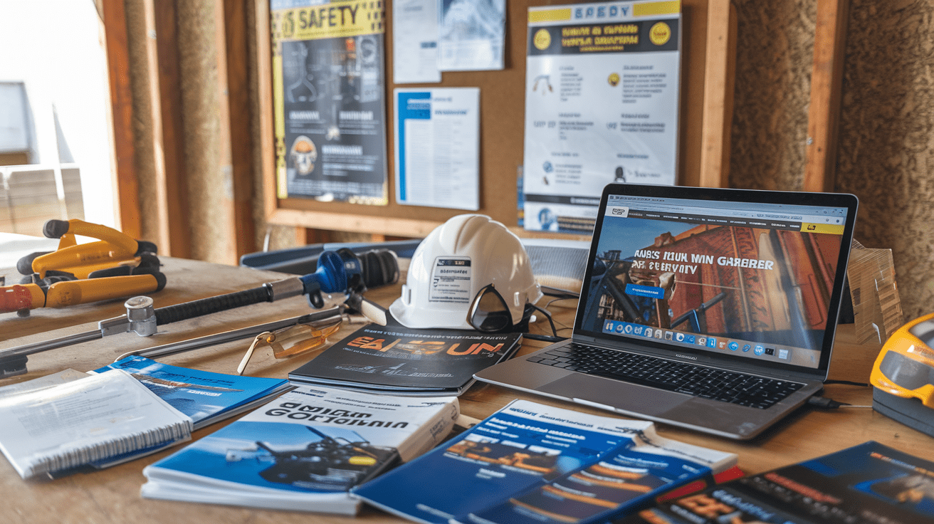 Create a realistic image of a construction site office desk with an open laptop displaying a safety website, surrounded by various wash gun manuals, safety guidebooks, and technical documents scattered on the desk. A hardhat and safety glasses rest nearby, with a wall-mounted bulletin board in the background showcasing safety posters and emergency contact information.