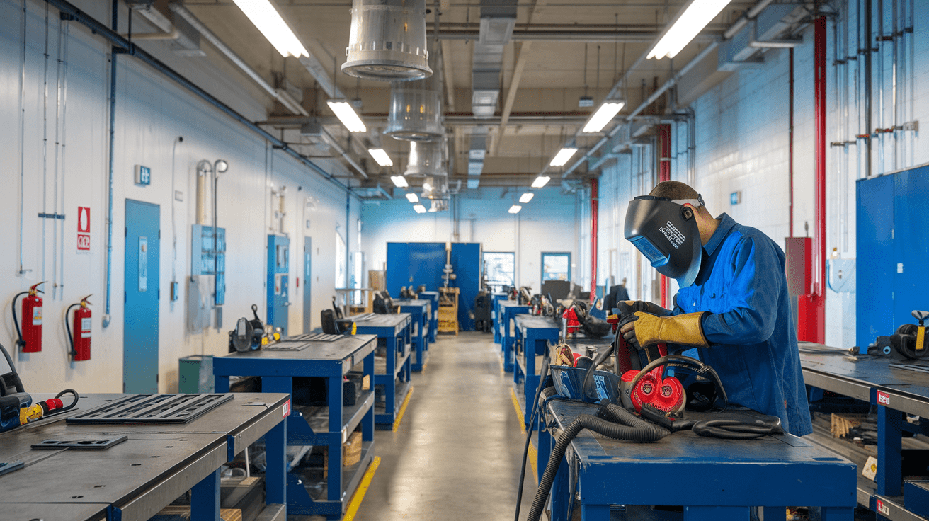 Create a realistic image of a well-organized welding workspace with proper ventilation systems, fire extinguishers visible on walls, cleared pathways, hazard signs, and a male welder (race unspecified) wearing complete PPE including welding helmet, heat-resistant gloves, and protective clothing, preparing his equipment in a clean, well-lit industrial setting.