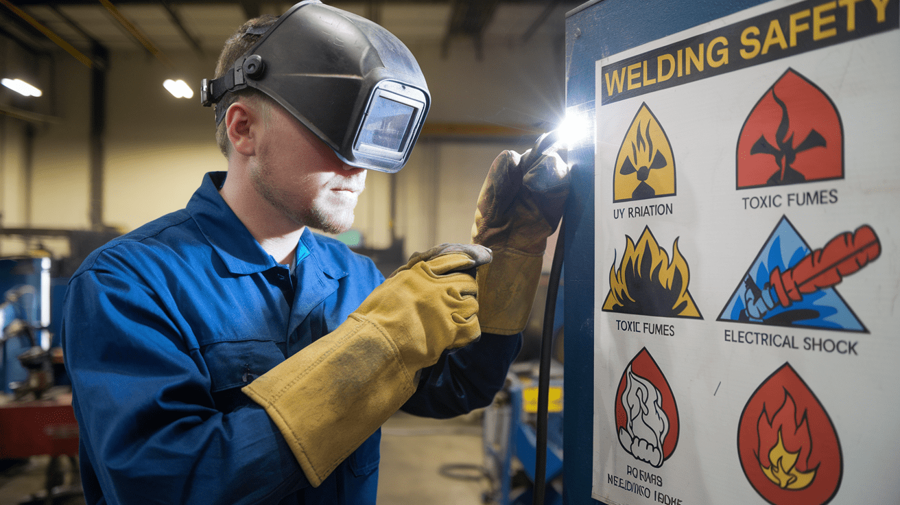 Create a realistic image of a white male welder in full protective gear including welding helmet, heat-resistant gloves, and flame-resistant clothing, examining a welding safety chart that illustrates common hazards like UV radiation, toxic fumes, electrical shock, and fire risks in a well-lit industrial workshop with welding equipment visible in the background.