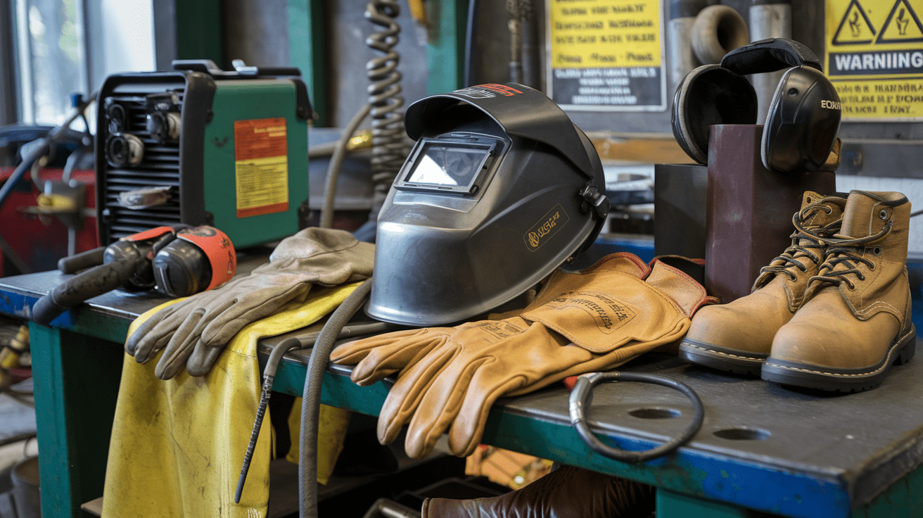 Create a realistic image of a welding workshop with various personal protective equipment neatly arranged on a workbench, including a welding helmet with face shield, thick leather gloves, flame-resistant jacket, safety glasses, ear protection, and steel-toed boots, with safety warning signs visible in the background and a welding machine nearby.