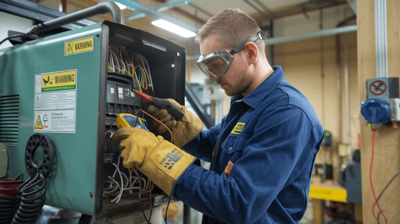 Create a realistic image of a male electrician with safety goggles and gloves inspecting a welding machine's electrical connections, using a multimeter to check voltage, with clear warning labels visible on the equipment, in a well-lit workshop environment with proper grounding equipment and electrical safety signage visible in the background.