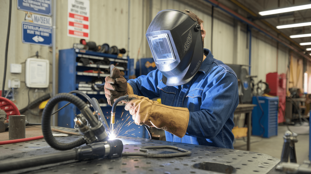Create a realistic image of a male welder wearing proper safety equipment (helmet with face shield raised, leather gloves, long-sleeved protective jacket) demonstrating correct welding machine setup in a well-ventilated workshop, with safety signage visible on the wall, organized tools, and clear walkways around the welding station.